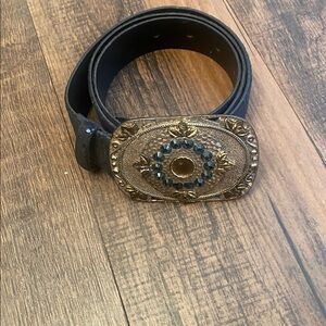 Chico's Black Leather Belt with Gold Lettering